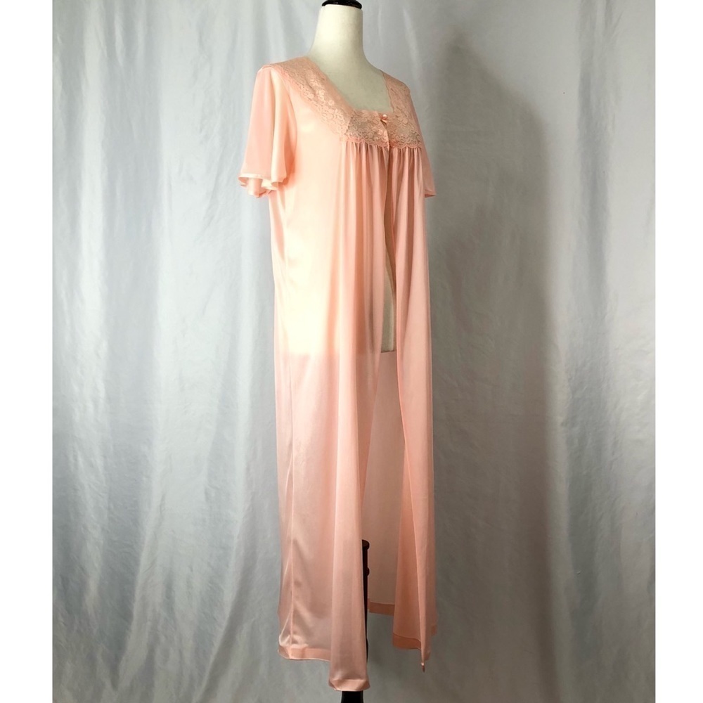 Vintage peignoir peach nylon sheer lace trim medium